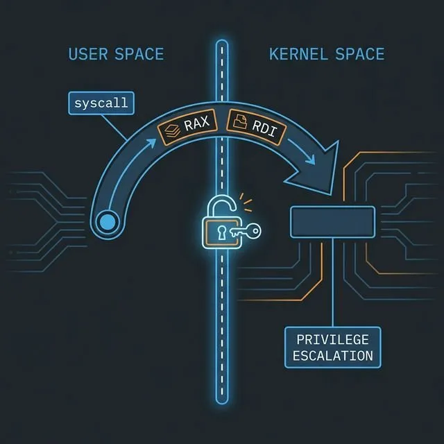 System calls diagram showing user mode to kernel mode transition using syscall instruction